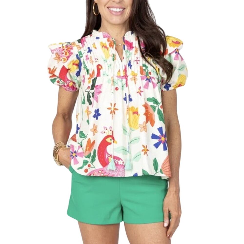 Sincerely Ours Nora Ruffle Puff Sleeve Colorful Pretty Peacock Floral Large